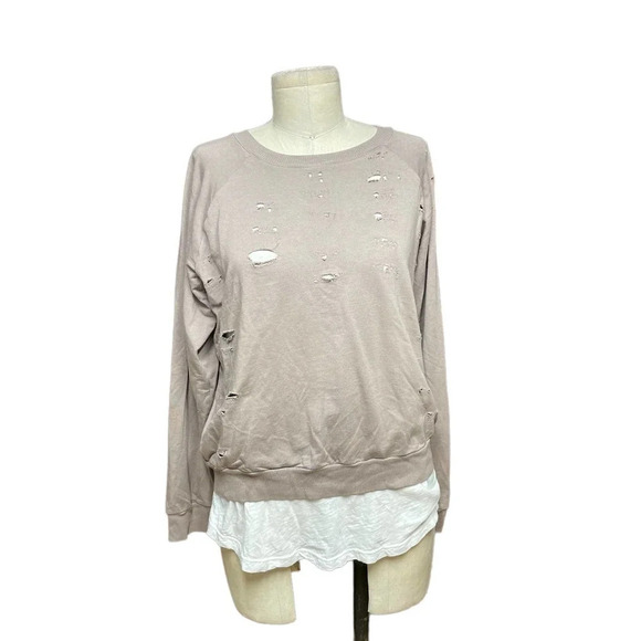 Monrow Distressed Double Layer Sweatshirt Fawn White Size Medium - Picture 1 of 11
